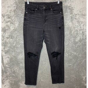 American Eagle Women Black Denim Mom Grunge Distressed Knee Ankle Jean 10 Long